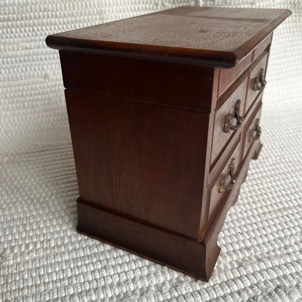 Vintage Wood Jewelry Box Miniature Dresser Chest Blue Lining Mirror Drawer